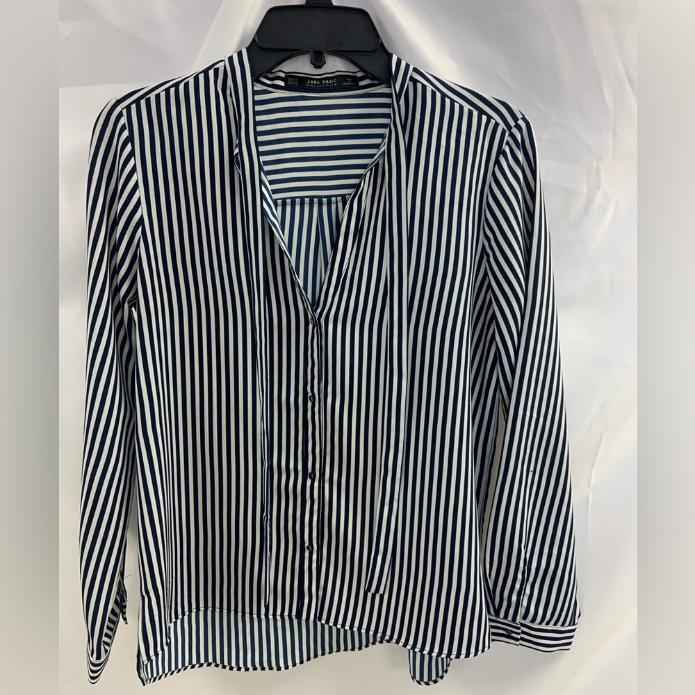 Zara Navy and White Striped Button Down Shirt
